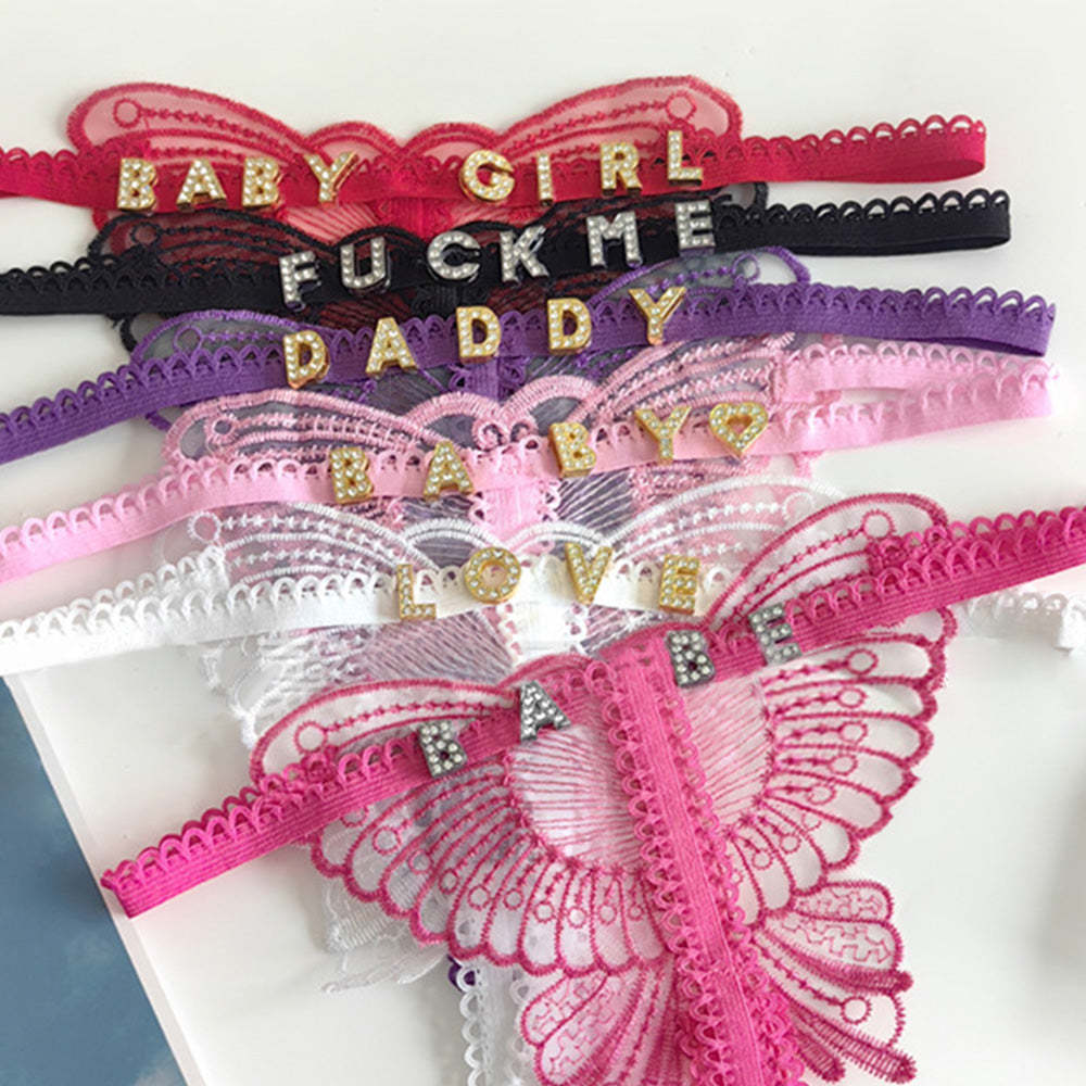 Benutzerdefinierte Spitze Hohl Schmetterling Sexy Low Waist Höschen Mit Schmuck Kristall Buchstabe Name Open Cut Tanga Unterhose Damen Unterwäsche - DePhotoBoxer