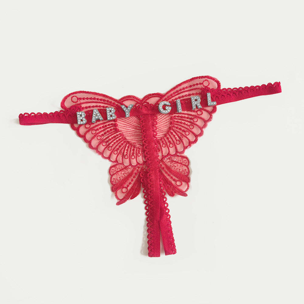 Benutzerdefinierte Spitze Hohl Schmetterling Sexy Low Waist Höschen Mit Schmuck Kristall Buchstabe Name Open Cut Tanga Unterhose Damen Unterwäsche - DePhotoBoxer