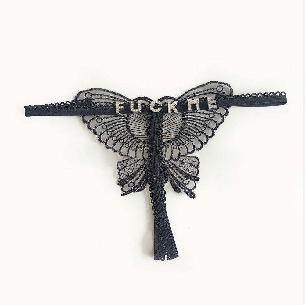 Benutzerdefinierte Spitze Hohl Schmetterling Sexy Low Waist Höschen Mit Schmuck Kristall Buchstabe Name Open Cut Tanga Unterhose Damen Unterwäsche - DePhotoBoxer
