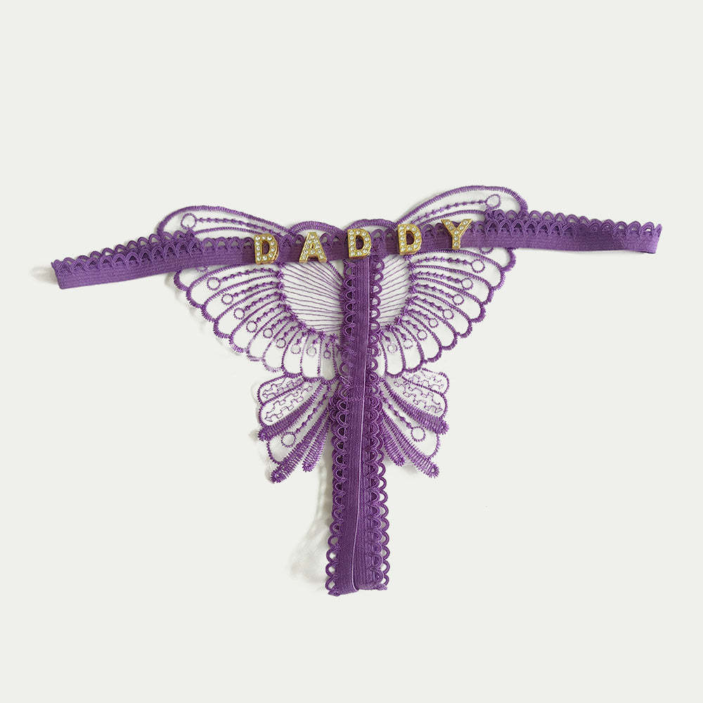 Benutzerdefinierte Spitze Hohl Schmetterling Sexy Low Waist Höschen Mit Schmuck Kristall Buchstabe Name Open Cut Tanga Unterhose Damen Unterwäsche - DePhotoBoxer