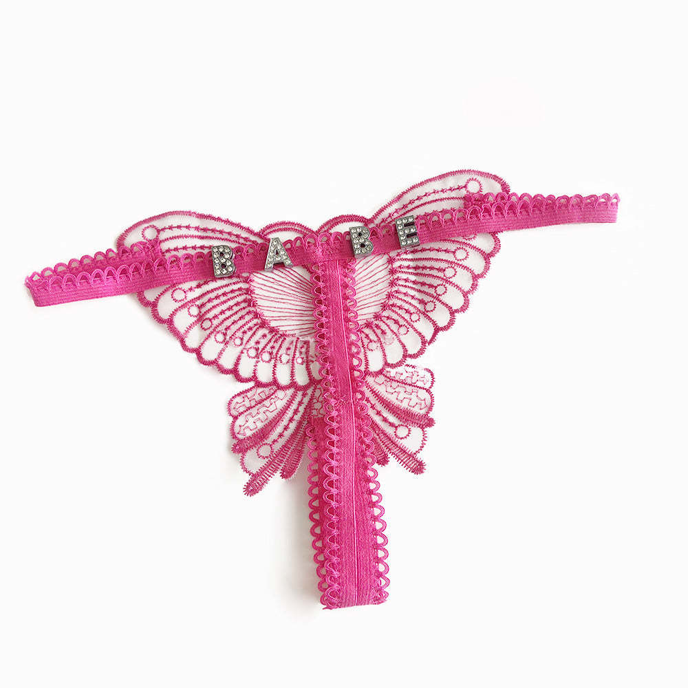 Benutzerdefinierte Spitze Hohl Schmetterling Sexy Low Waist Höschen Mit Schmuck Kristall Buchstabe Name Open Cut Tanga Unterhose Damen Unterwäsche - DePhotoBoxer