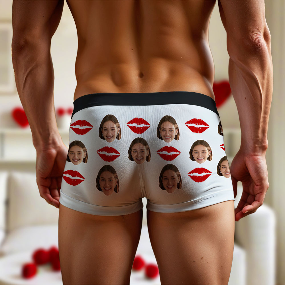 Personalisierte Boxershorts Für Herren Mit Gesichtsfoto-portrait Und Lippen-print-muster, Boxershorts Für Den Freund, Valentinstagsgeschenk - DePhotoBoxer