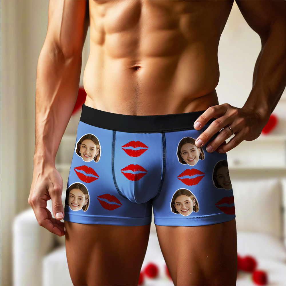 Personalisierte Boxershorts Für Herren Mit Gesichtsfoto-portrait Und Lippen-print-muster, Boxershorts Für Den Freund, Valentinstagsgeschenk - DePhotoBoxer
