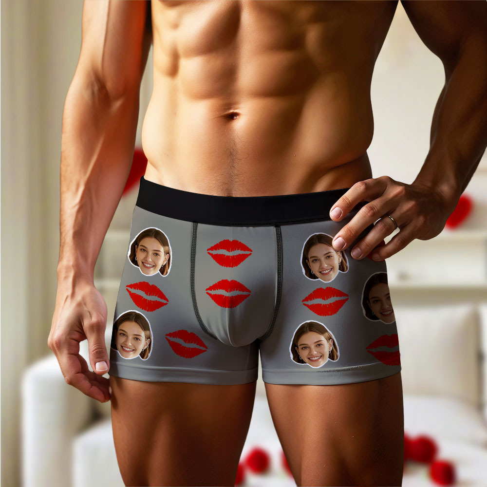 Personalisierte Boxershorts Für Herren Mit Gesichtsfoto-portrait Und Lippen-print-muster, Boxershorts Für Den Freund, Valentinstagsgeschenk - DePhotoBoxer