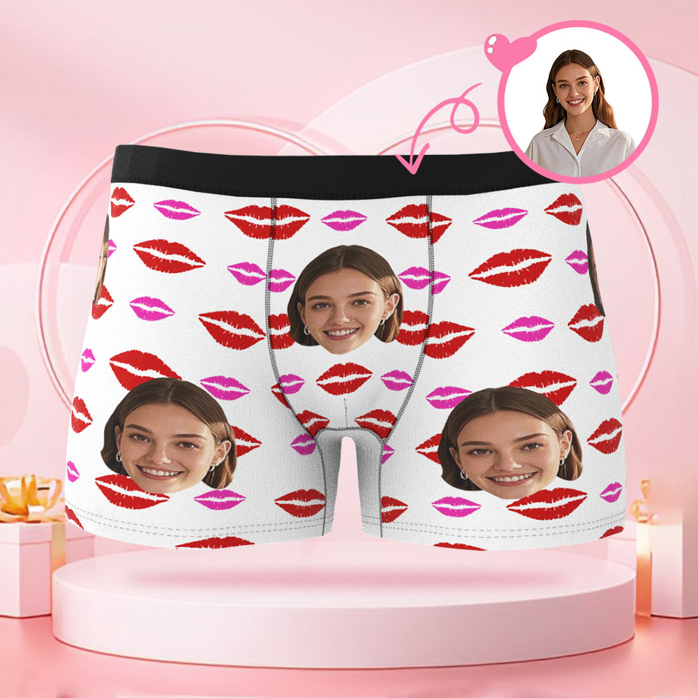 Personalisierte Gesichtsfoto-avatar-herren-boxershorts Mit Lippendruckmuster, Einzigartige Boxershorts, Valentinstagsgeschenk Für Freund - DePhotoBoxer