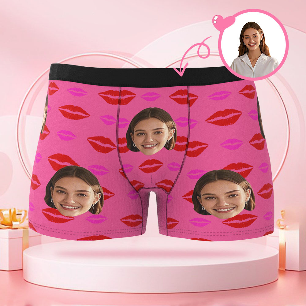 Personalisierte Gesichtsfoto-avatar-herren-boxershorts Mit Lippendruckmuster, Einzigartige Boxershorts, Valentinstagsgeschenk Für Freund - DePhotoBoxer