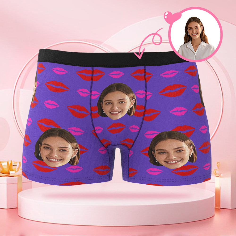 Personalisierte Gesichtsfoto-avatar-herren-boxershorts Mit Lippendruckmuster, Einzigartige Boxershorts, Valentinstagsgeschenk Für Freund - DePhotoBoxer