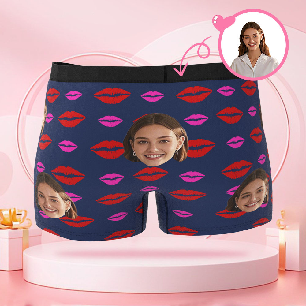 Personalisierte Gesichtsfoto-avatar-herren-boxershorts Mit Lippendruckmuster, Einzigartige Boxershorts, Valentinstagsgeschenk Für Freund - DePhotoBoxer