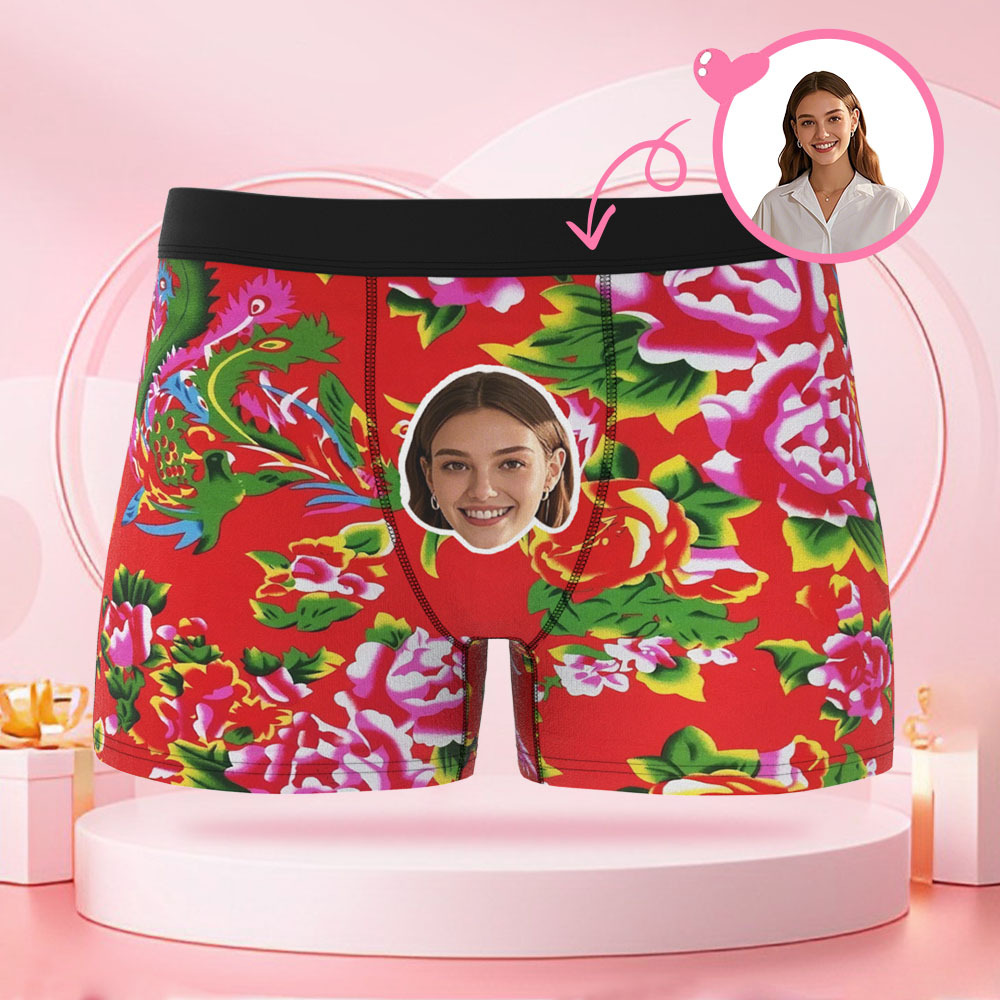 Individueller Boxer Mit Menschlichem Gesicht, Blumendrache Und Phönix Mit Individuellem Gesicht, Überraschungsgeschenk Für Freund Zum Valentinstag - DePhotoBoxer