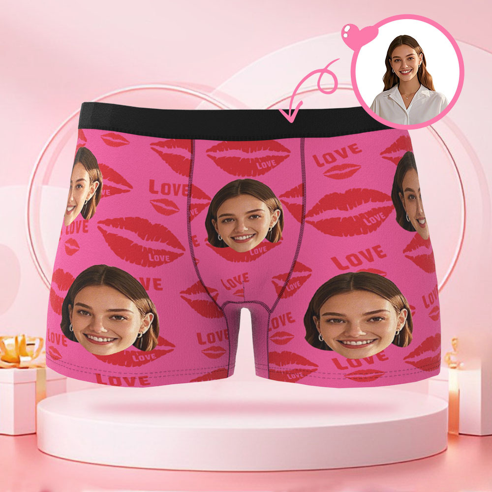 Personalisiertes Gesichtsfoto-portrait Für Herren, Boxershorts Mit Lippenstift-lippenabdruck, Kussmund-slip-geschenk, Valentinstagsgeschenk Für Den Freund - DePhotoBoxer