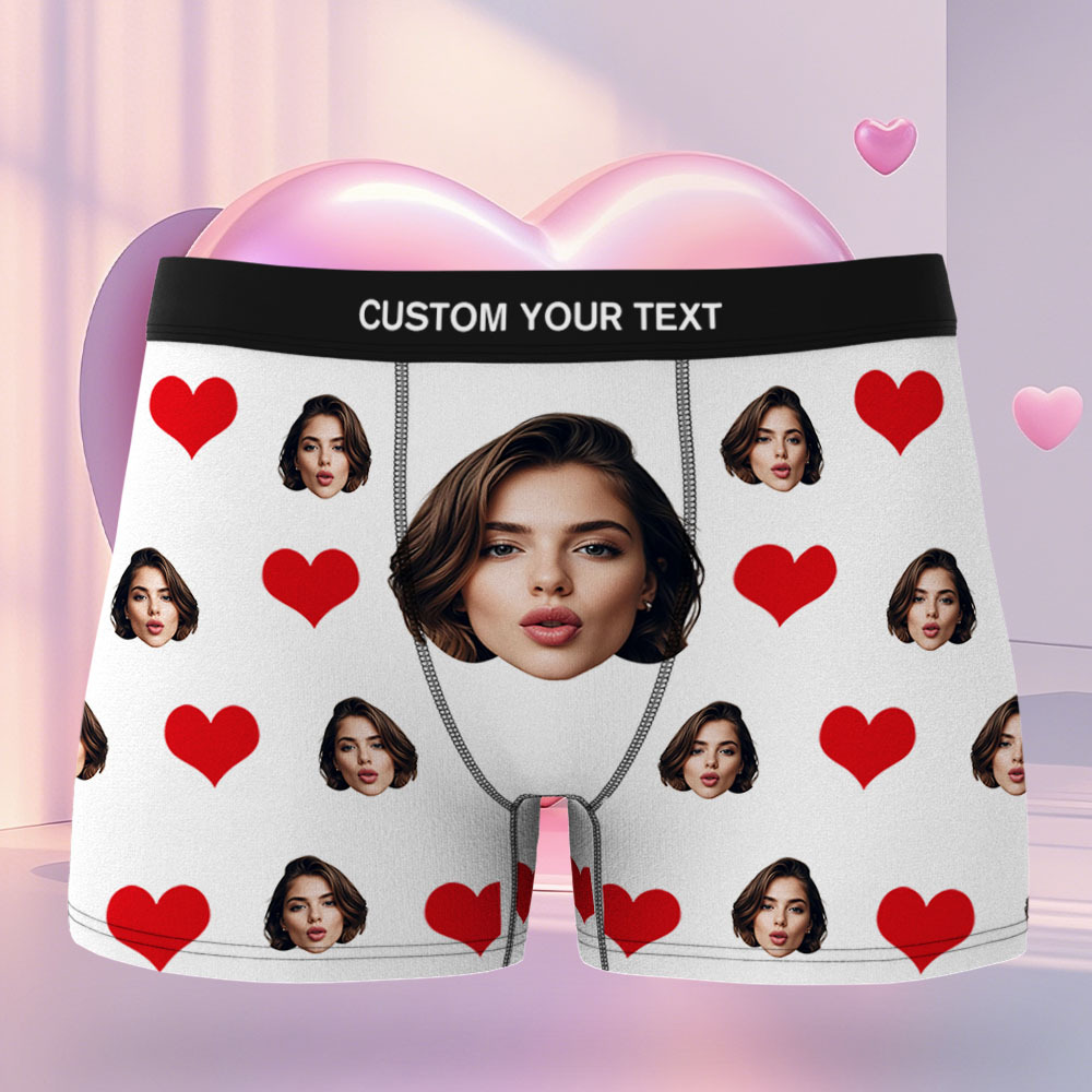 Benutzerdefinierte Herren-boxershorts Mit Rotem Herz, Boxershorts Mit Gesicht, Personalisierte Boxershorts Mit Weißem Gesicht, Valentinstag-unterwäsche-geschenk - DePhotoBoxer