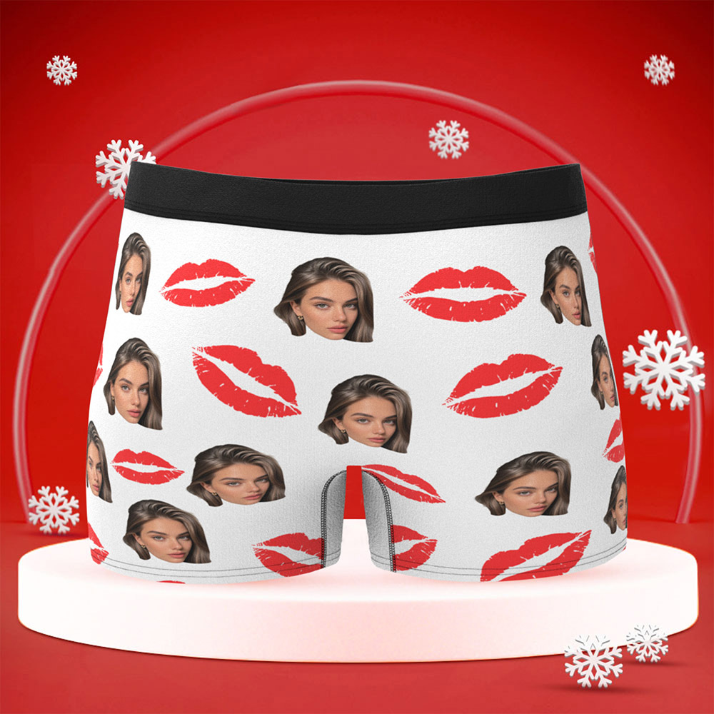 Personalisierte Fotounterwäsche Mit Roten Lippen, Sexy Geschenk Für Paare, Personalisierte Foto-weihnachtshöschen - DePhotoBoxer