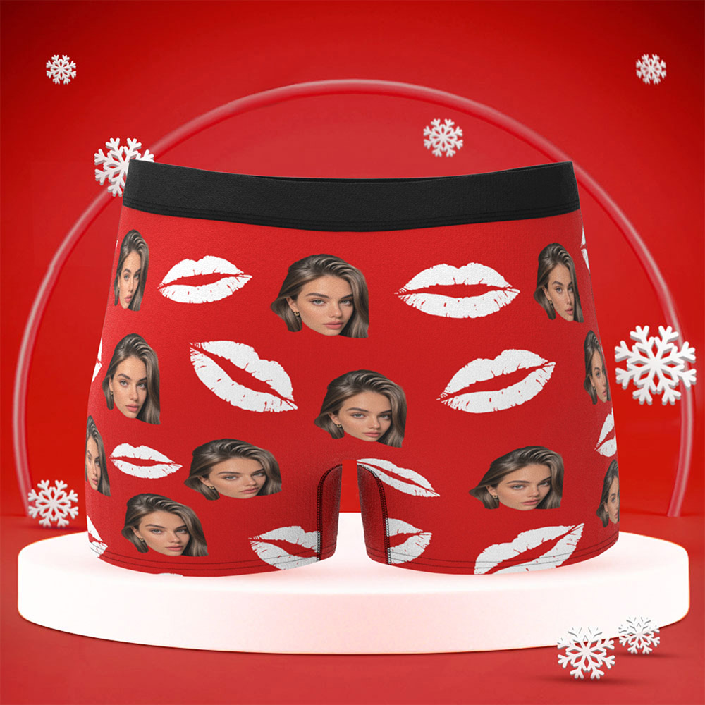 Personalisierte Fotounterwäsche Mit Roten Lippen, Sexy Geschenk Für Paare, Personalisierte Foto-weihnachtshöschen - DePhotoBoxer