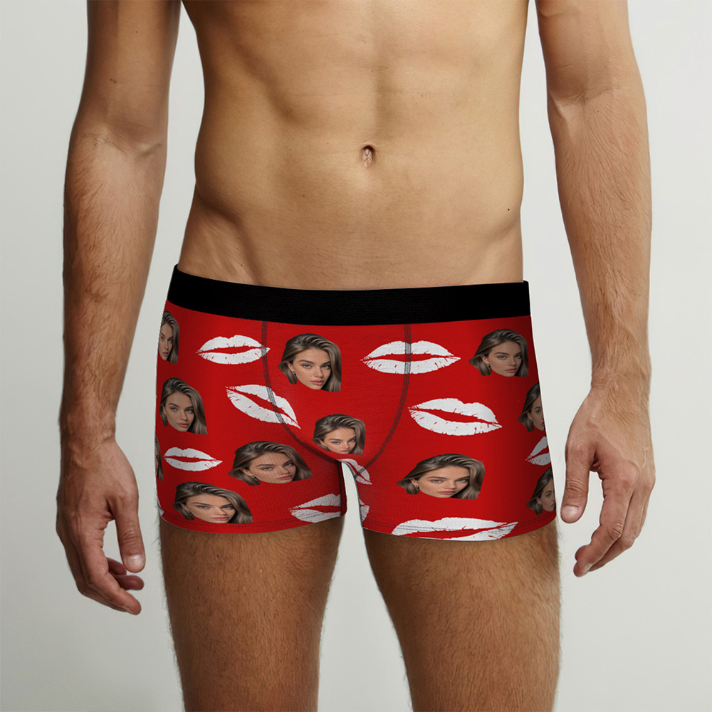 Personalisierte Fotounterwäsche Mit Roten Lippen, Sexy Geschenk Für Paare, Personalisierte Foto-weihnachtshöschen - DePhotoBoxer