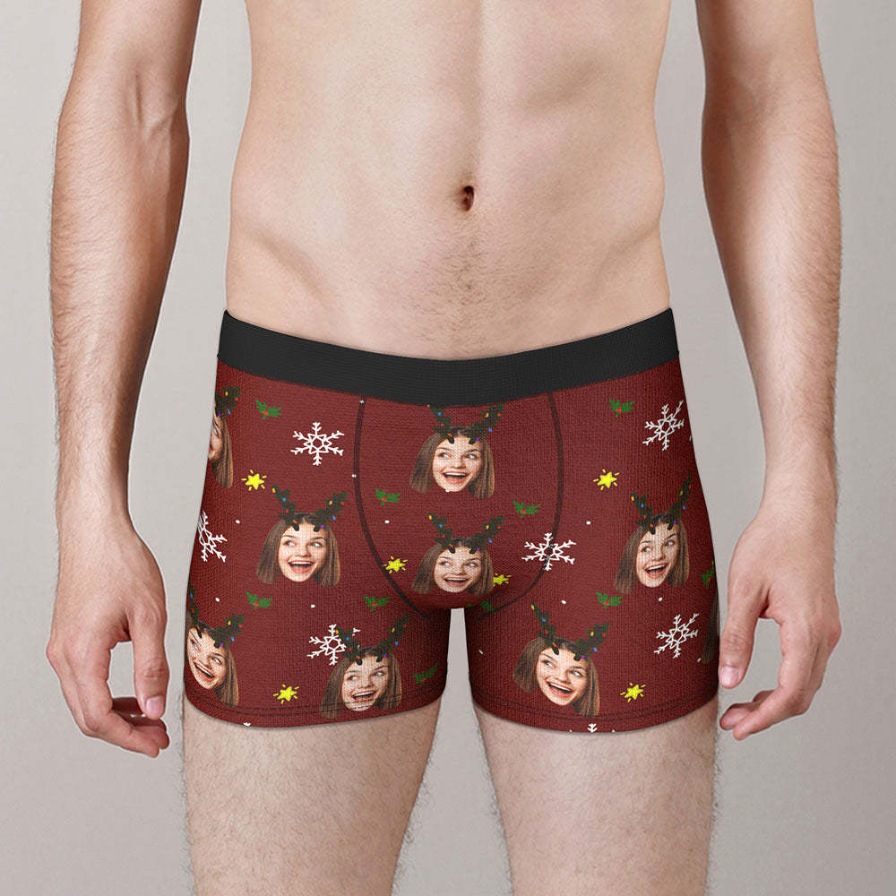 Benutzerdefinierte Gesicht Boxer Slips Personalisierte Männer Shorts mit Foto Schneeflocke und Geweih Weihnachtsgeschenke