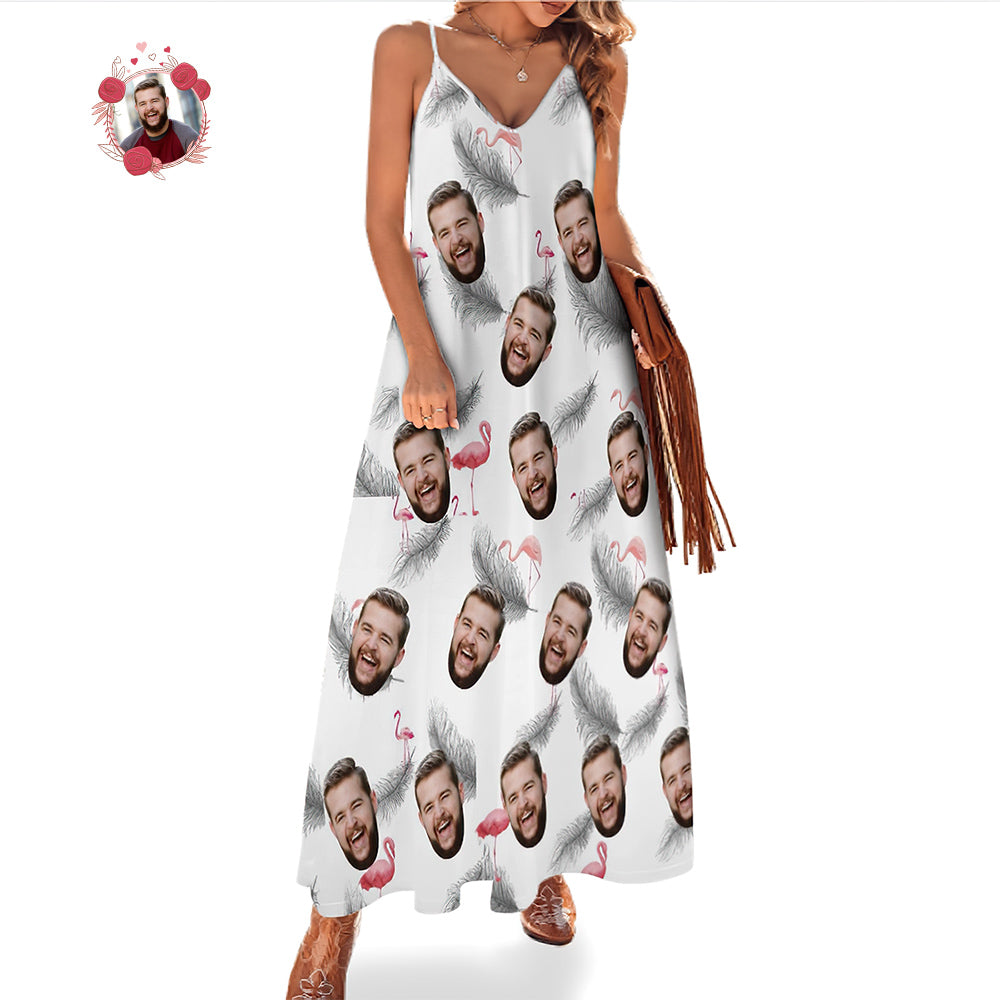 Benutzerdefiniertes Gesicht Hawaiian Stil Feder und Flamingo langes Kleid und Hemd Paar Outfit