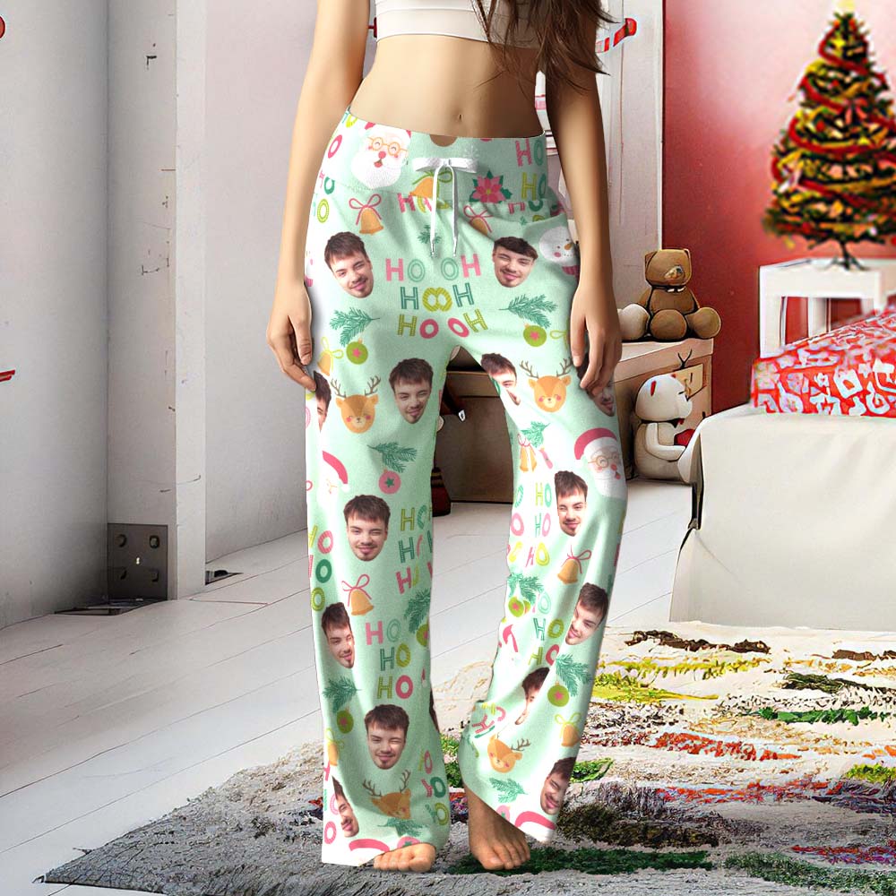 Benutzerdefinierte Gesichtshose Für Damen, Lockere Pyjamahose Mit Weitem Bein, Weihnachtsmann Und Schneemann, Frohe Weihnachten - DePhotoBoxer