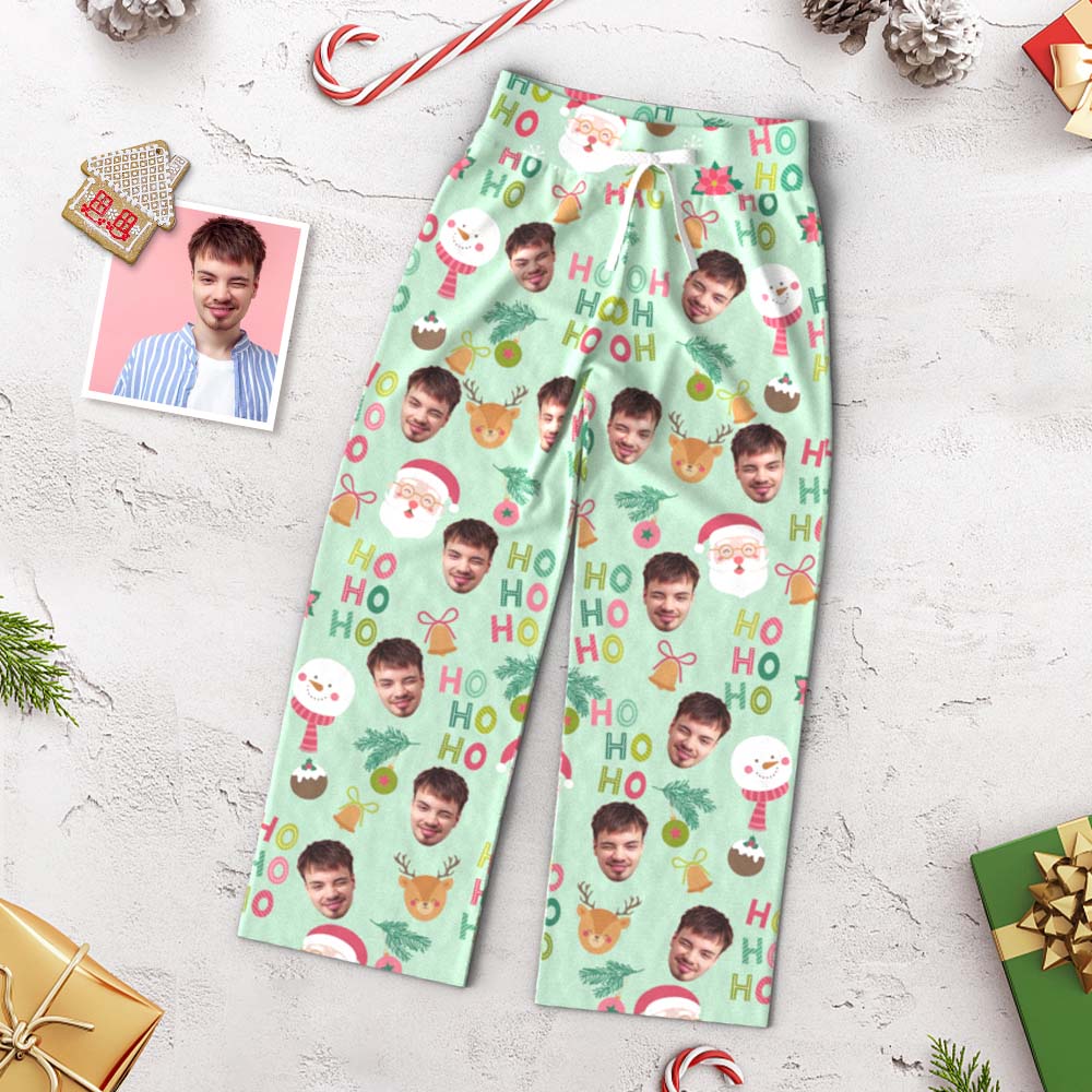Benutzerdefinierte Gesichtshose Für Damen, Lockere Pyjamahose Mit Weitem Bein, Weihnachtsmann Und Schneemann, Frohe Weihnachten - DePhotoBoxer