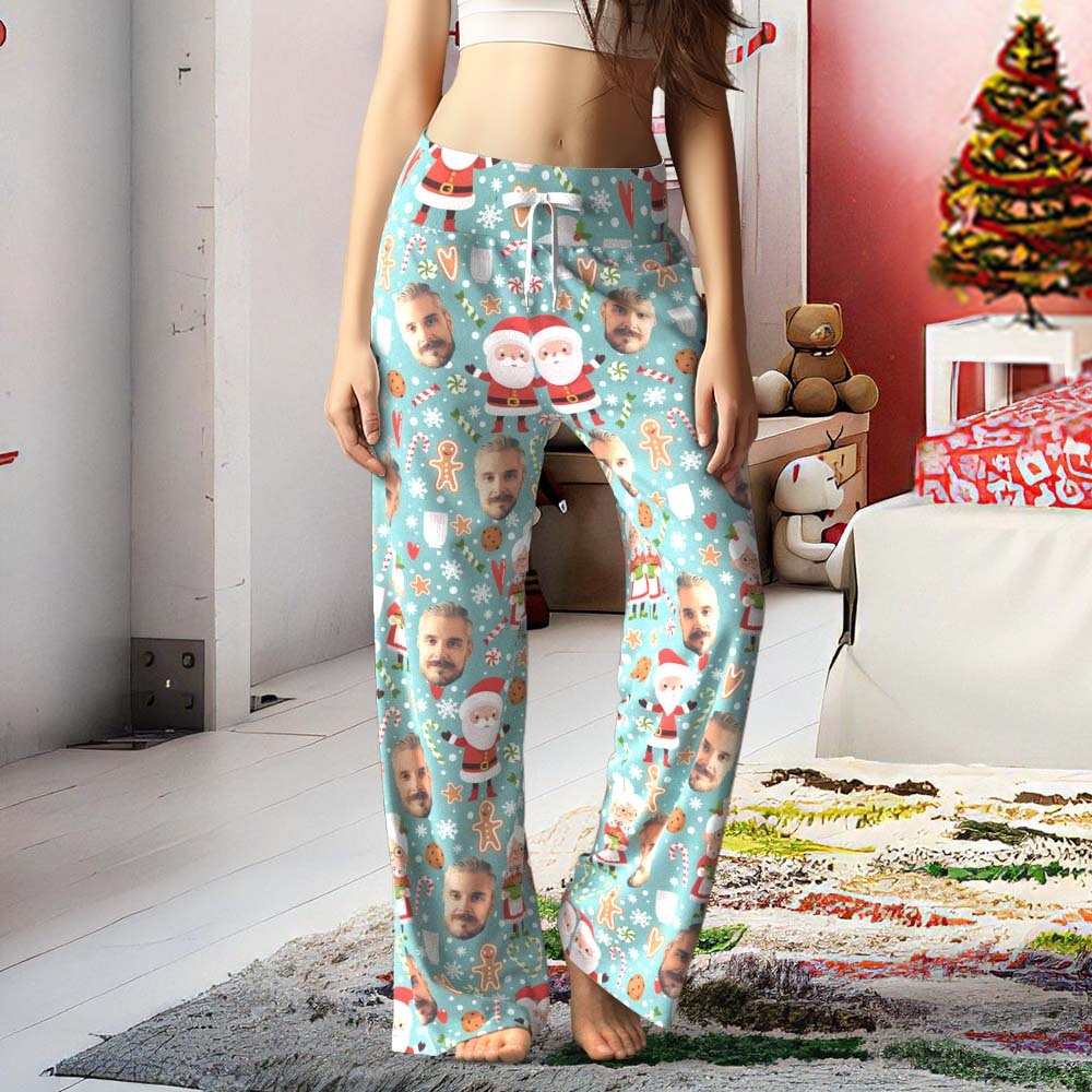 Benutzerdefinierte Gesichtshose, Lockere Damen-pyjamahose Mit Weitem Bein, Weihnachtsmann Und Frau Claus, Frohe Weihnachten - DePhotoBoxer