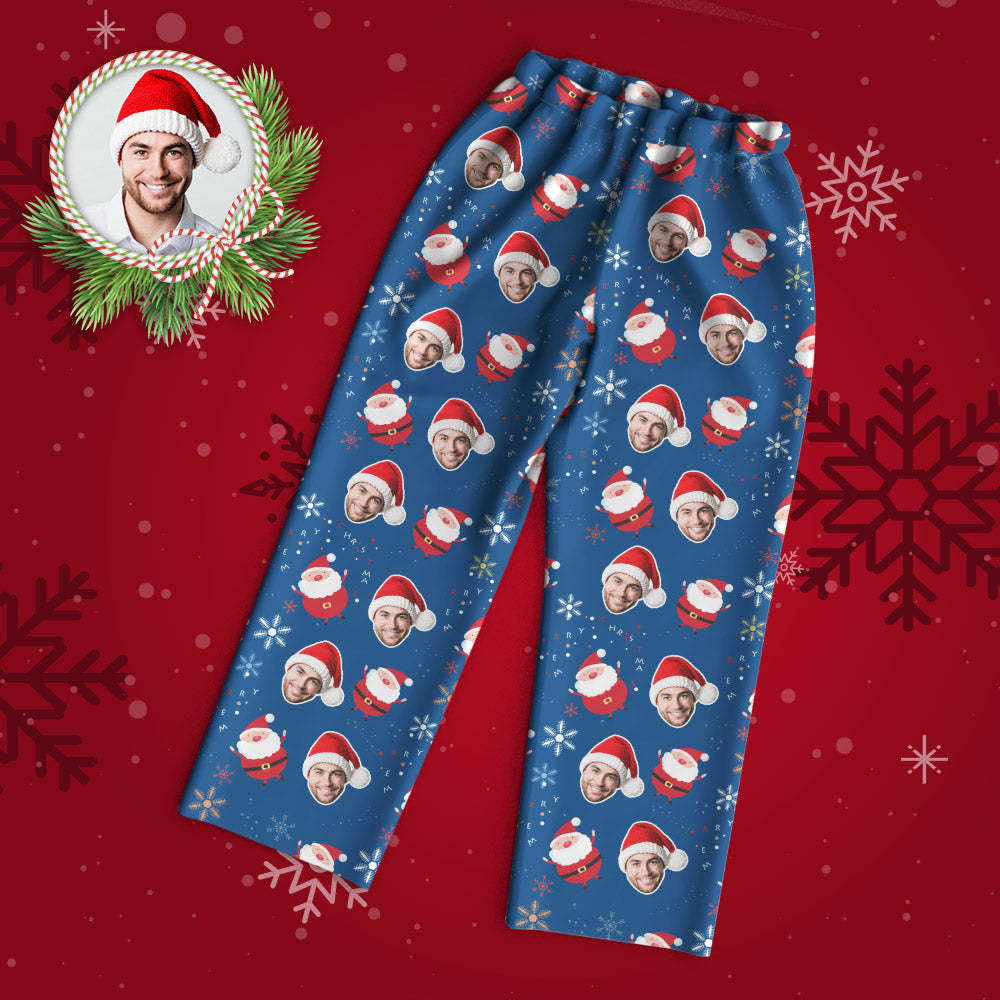 Benutzerdefinierter Gesichts-pyjama, Personalisierter Blauer Foto-pyjama, Niedliche Weihnachtsmann-weihnachtsgeschenke Für Die Familie - DePhotoBoxer