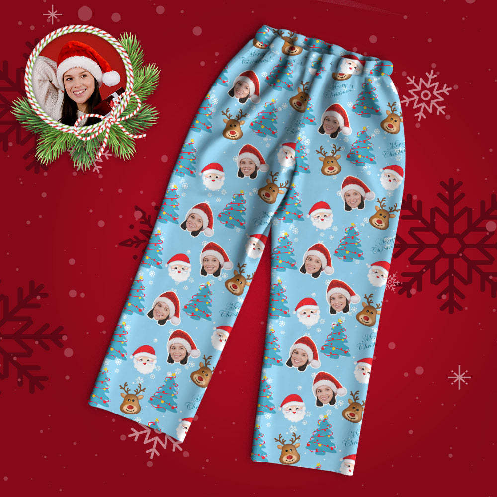 Benutzerdefinierter Gesichts-pyjama, Personalisierter Blauer Foto-pyjama, Weihnachtsmann Und Elch, Weihnachtsgeschenke - DePhotoBoxer