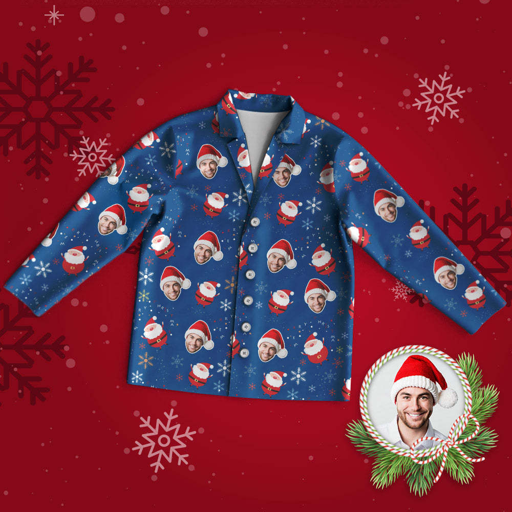 Benutzerdefinierter Gesichts-pyjama, Personalisierter Blauer Foto-pyjama, Niedliche Weihnachtsmann-weihnachtsgeschenke Für Die Familie - DePhotoBoxer