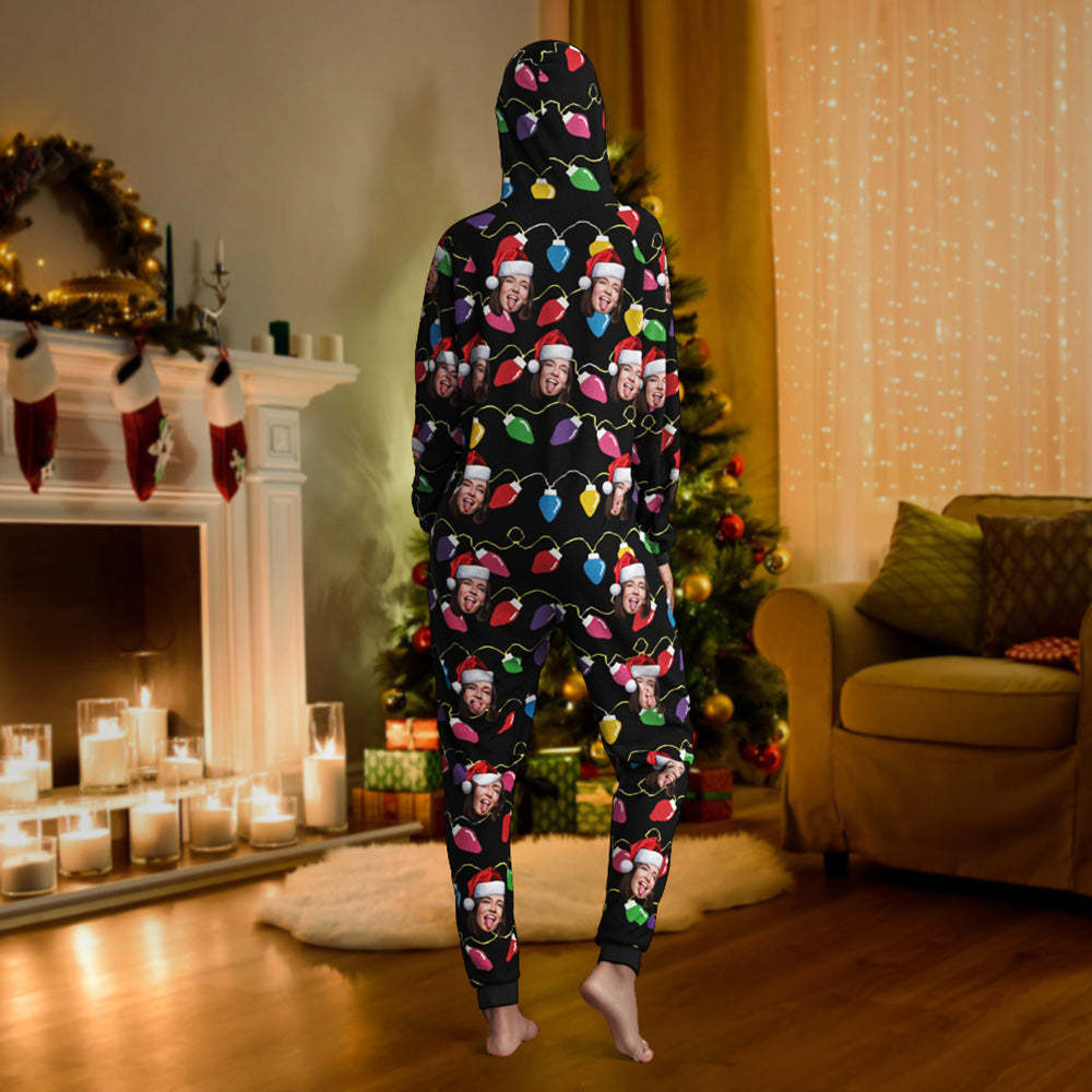 Benutzerdefinierte Gesichts-weihnachtslichter, Bedruckter Flanell-fleece-einteiler-pyjama, Personalisierter Gesichts-jumpsuit, Homewear, Weihnachtsgeschenk - DePhotoBoxer
