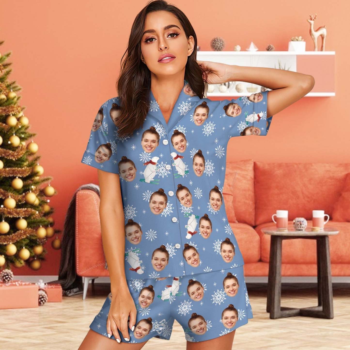 Pyjama Mit Individuellem Gesicht. Blauer Pyjama. Niedlicher Weihnachtspyjama Mit Eisbär - DePhotoBoxer