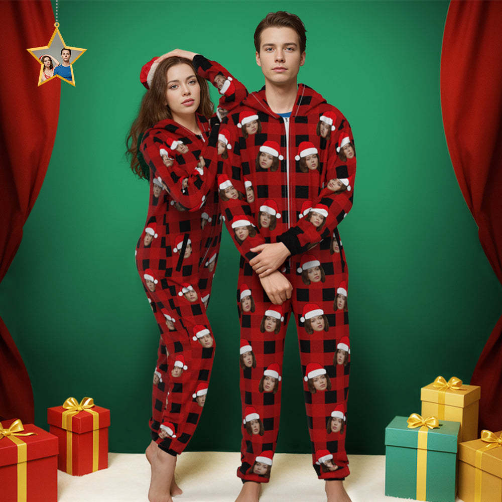 Benutzerdefinierte Onesies Foto Pyjama Einteiler Nachtwäsche Rot Und Schwarz Karierten Overall Homewear Weihnachtsgeschenk - DePhotoBoxer