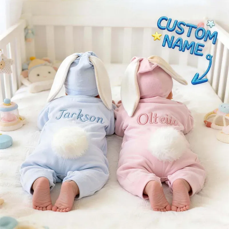 Personalisierter Hasen-strampler Mit Individuellem Namen Für Babys, Handbesticktes Osteroutfit, Babygeschenk