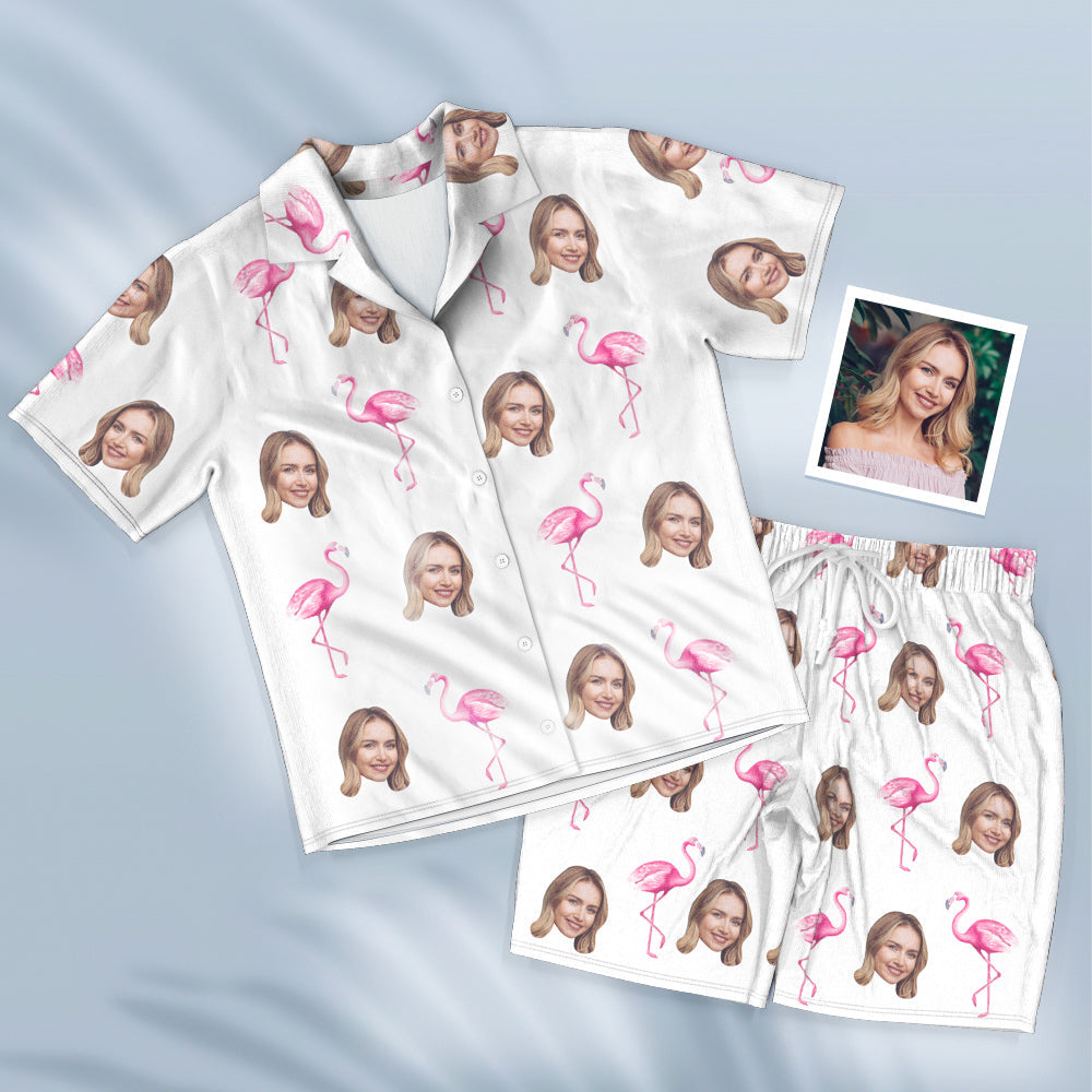 Benutzerdefinierte Gesicht Kurzarm Pyjamas Personalisierte Frauen Nachtwäsche Flamingo Geschenke Für Sie