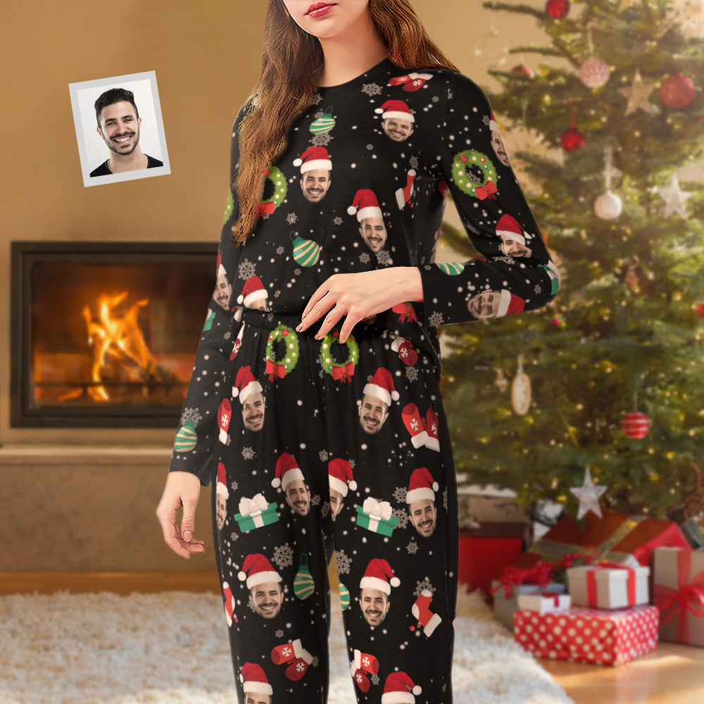 Benutzerdefinierte Gesicht Pyjamas Personalisierte Rundhals Lange Pyjamas für Frauen mit Weihnachtsschneeflocke