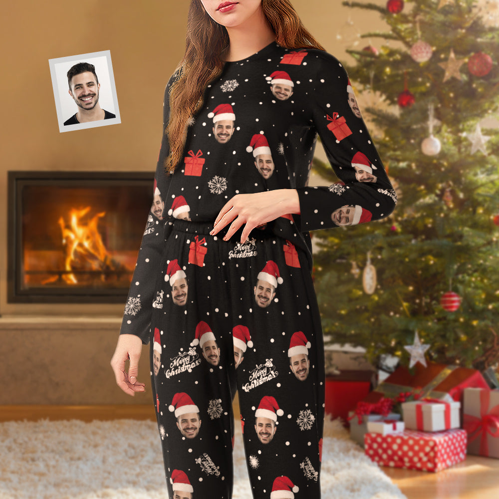 Benutzerdefinierte Gesicht Pyjamas Personalisierte Rundhals Lange Pyjamas Für Frauen Weihnachtsmann