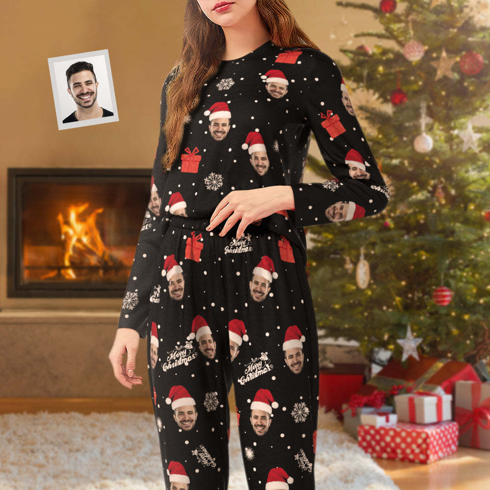 Benutzerdefinierte Gesicht Pyjamas Personalisierte Rundhals Lange Pyjamas Für Frauen Weihnachtsmann