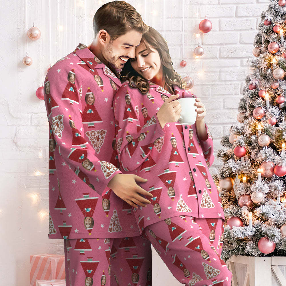 Benutzerdefinierte Gesicht Weihnachten Haus Pyjamas Personalisierte Rosa Santa Pyjamas Frauen Männer Set Weihnachtsgeschenk