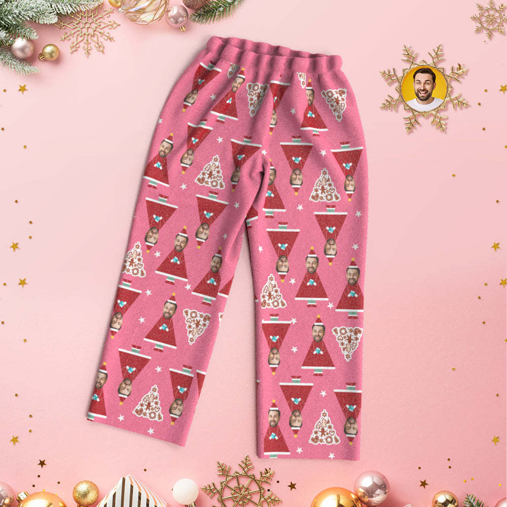 Benutzerdefinierte Gesicht Weihnachten Haus Pyjamas Personalisierte Rosa Santa Pyjamas Frauen Männer Set Weihnachtsgeschenk