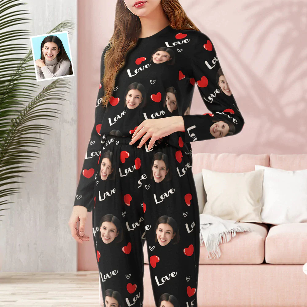Benutzerdefinierte Gesicht Schwarz Pyjamas Personalisierte Rundhals Liebe Herz Pyjamas für Frauen Valentinstag Geschenk