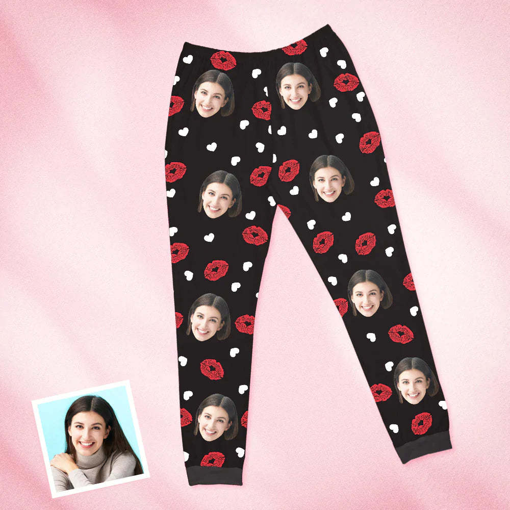 Benutzerdefinierte Gesicht Schwarz Pyjamas Personalisierte Rundhals Lippen und Herz Pyjamas für Frauen Valentinstag Geschenk