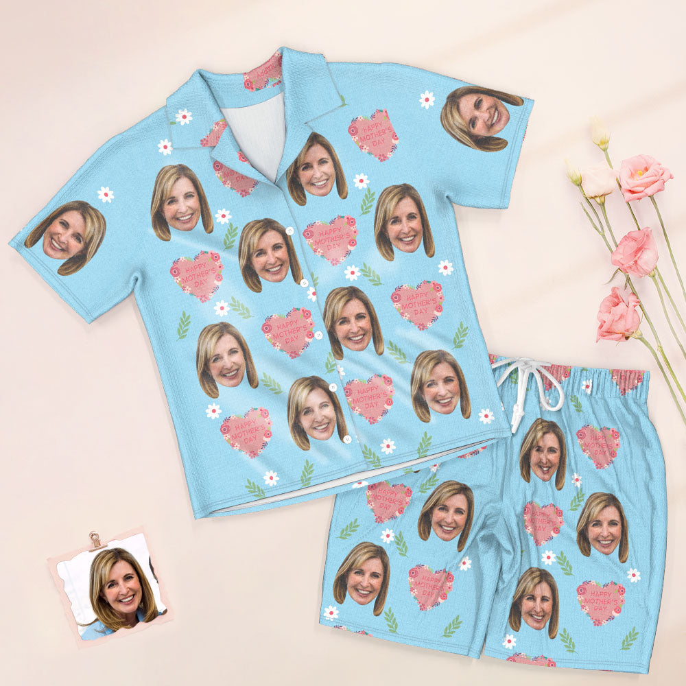 Benutzerdefinierte Gesicht Kurze Ärmel Pyjamas Personalisierte Foto Nachtwäsche Frauen Sommer Blau Pyjamas Glückliches Muttertagsgeschenk