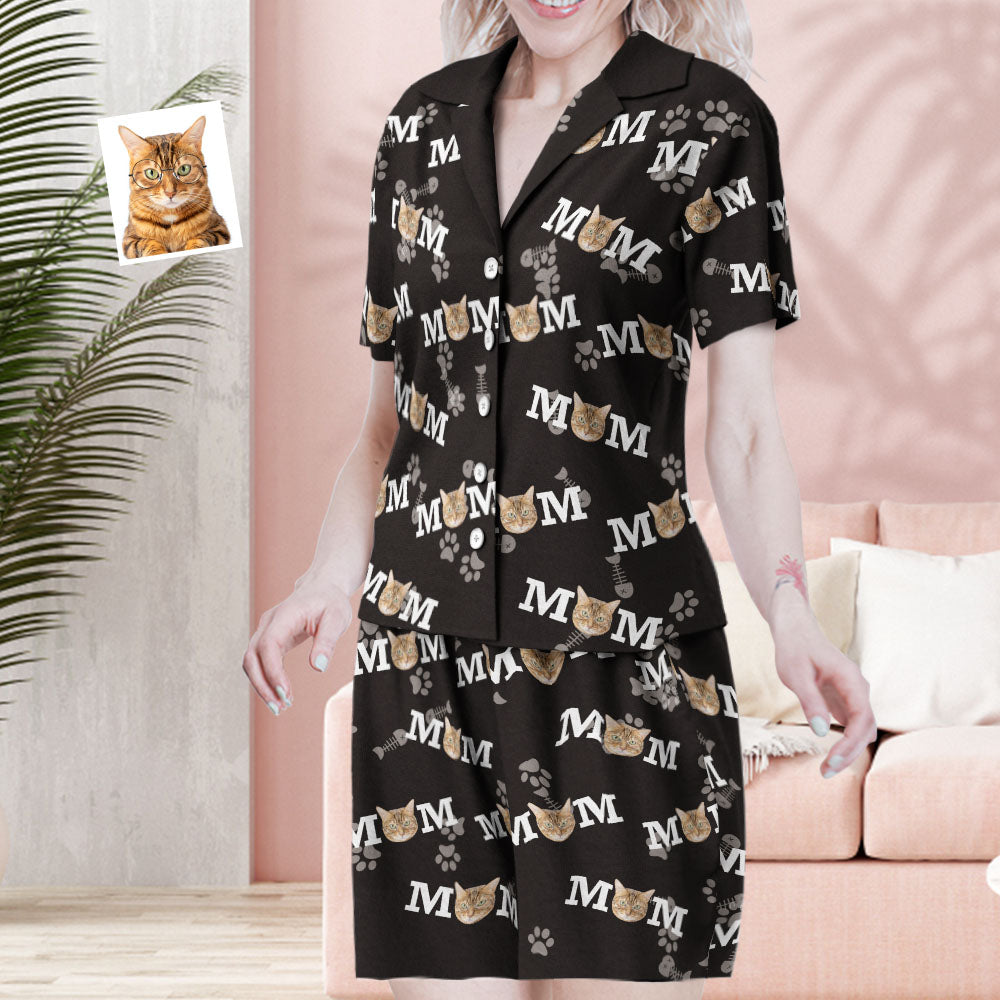 Benutzerdefinierte Gesicht Kurze Ärmel Pyjamas Personalisierte Foto Nachtwäsche Frauen Sommer Schwarz Pyjamas Katze Mom