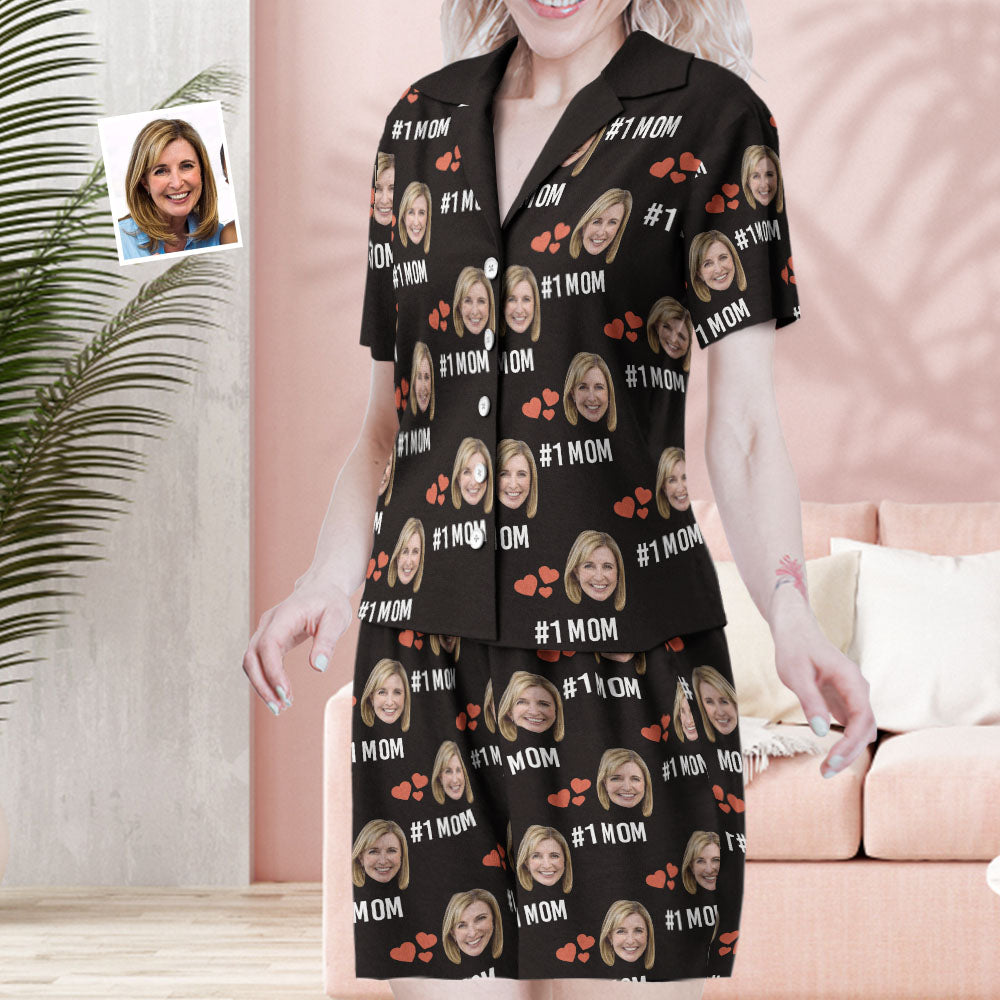 Benutzerdefinierte Gesicht Kurze Ärmel Pyjamas Personalisierte Foto Liebe Nachtwäsche Frauen Sommer Schwarz Pyjamas #1 MOM