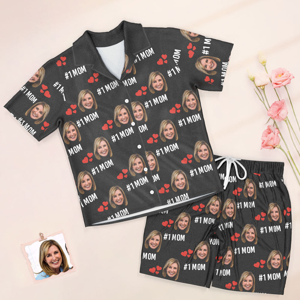 Benutzerdefinierte Gesicht Kurze Ärmel Pyjamas Personalisierte Foto Liebe Nachtwäsche Frauen Sommer Schwarz Pyjamas #1 MOM