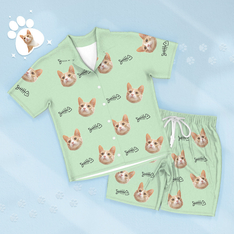 Custom Face Kurzarm-pyjamas Personalisierte Katze Nachtwäsche Mit Fischen Damen Herren Pyjamas - DePhotoBoxer