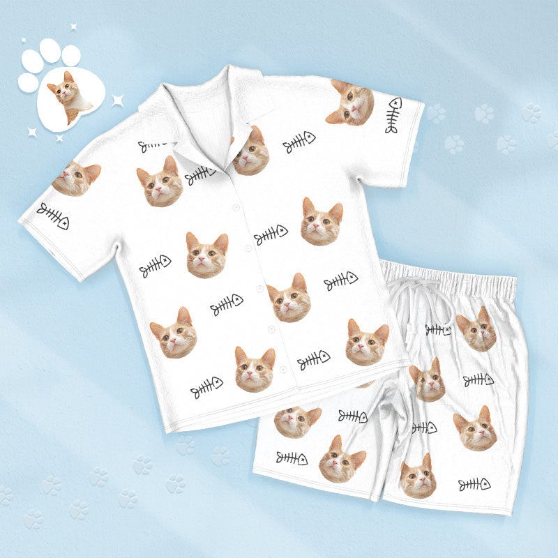 Custom Face Kurzarm-pyjamas Personalisierte Katze Nachtwäsche Mit Fischen Damen Herren Pyjamas - DePhotoBoxer
