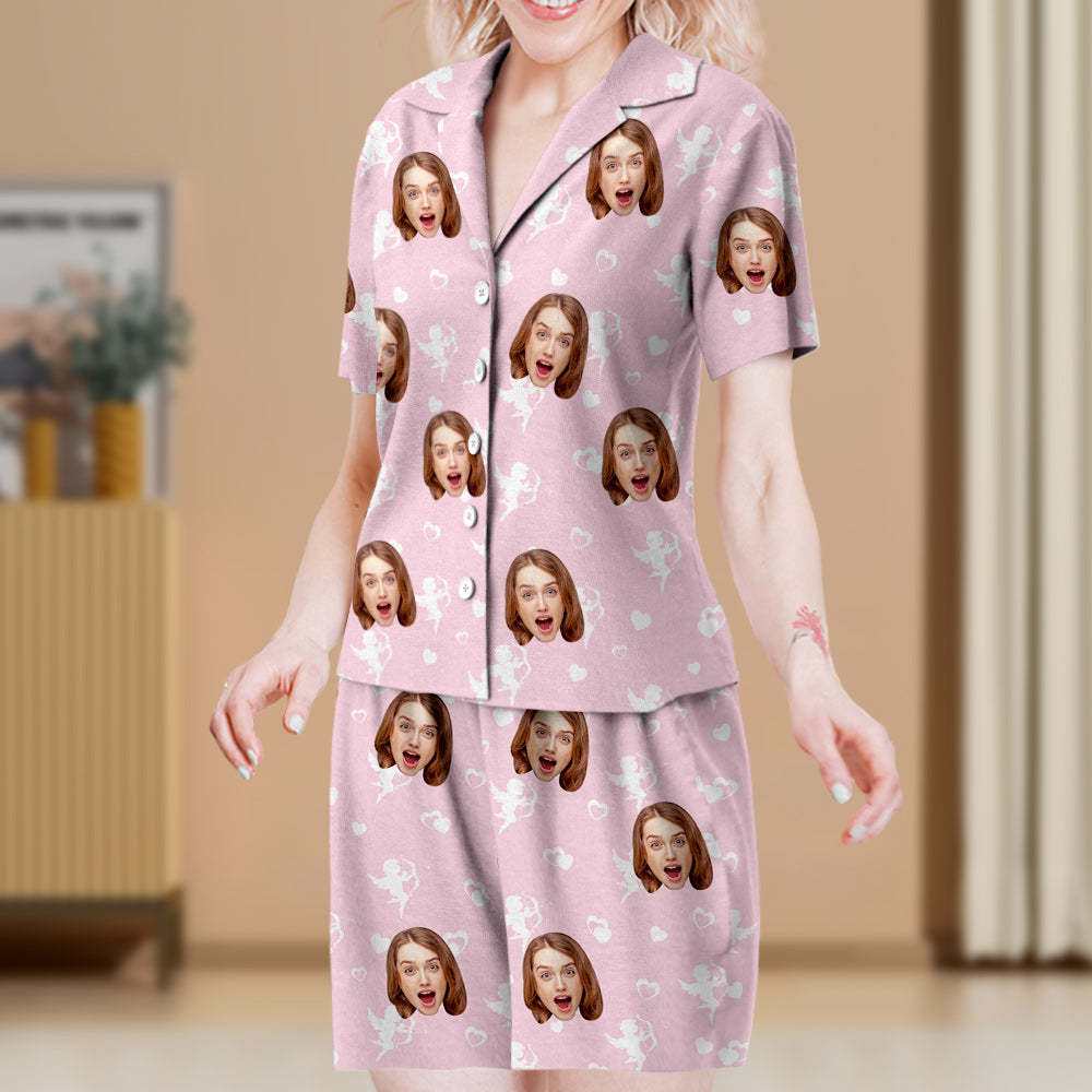 Kurzärmliger Rosa Pyjama Mit Individuellem Gesicht, Personalisierte Foto-nachtwäsche, Amor-liebesgeschenke - DePhotoBoxer