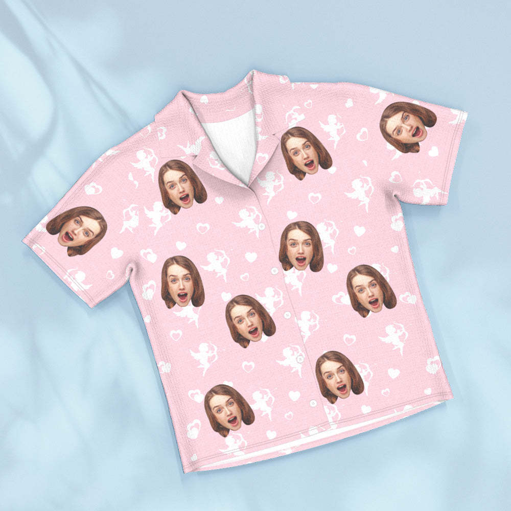 Kurzärmliger Rosa Pyjama Mit Individuellem Gesicht, Personalisierte Foto-nachtwäsche, Amor-liebesgeschenke - DePhotoBoxer
