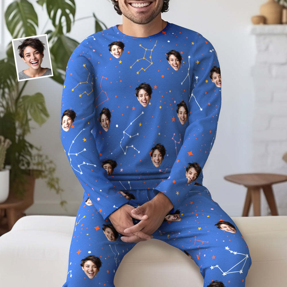 Benutzerdefinierte Gesichts-pyjama-nachtwäsche, Personalisierter Rundhals-pyjama, Sternbild, Für Damen Und Herren - DePhotoBoxer