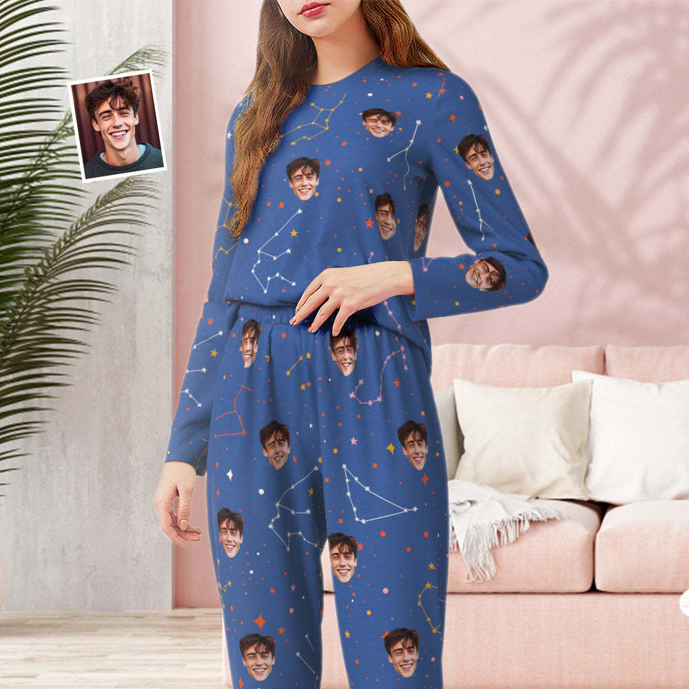 Benutzerdefinierte Gesichts-pyjama-nachtwäsche, Personalisierter Rundhals-pyjama, Sternbild, Für Damen Und Herren - DePhotoBoxer