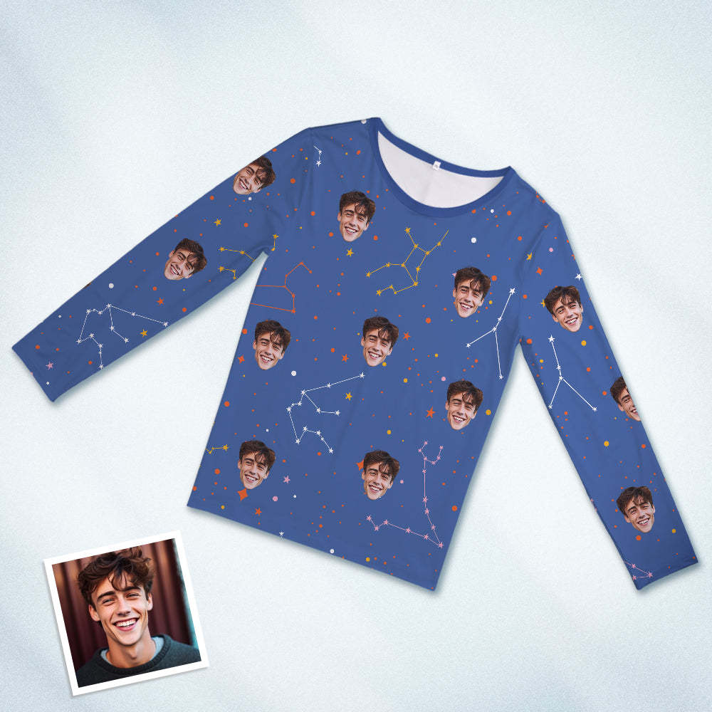 Benutzerdefinierte Gesichts-pyjama-nachtwäsche, Personalisierter Rundhals-pyjama, Sternbild, Für Damen Und Herren - DePhotoBoxer
