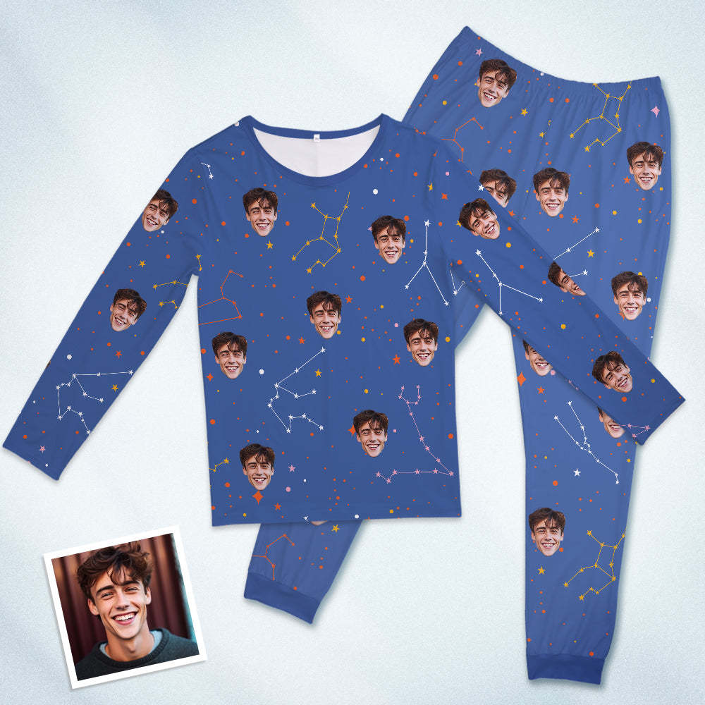 Benutzerdefinierte Gesichts-pyjama-nachtwäsche, Personalisierter Rundhals-pyjama, Sternbild, Für Damen Und Herren - DePhotoBoxer